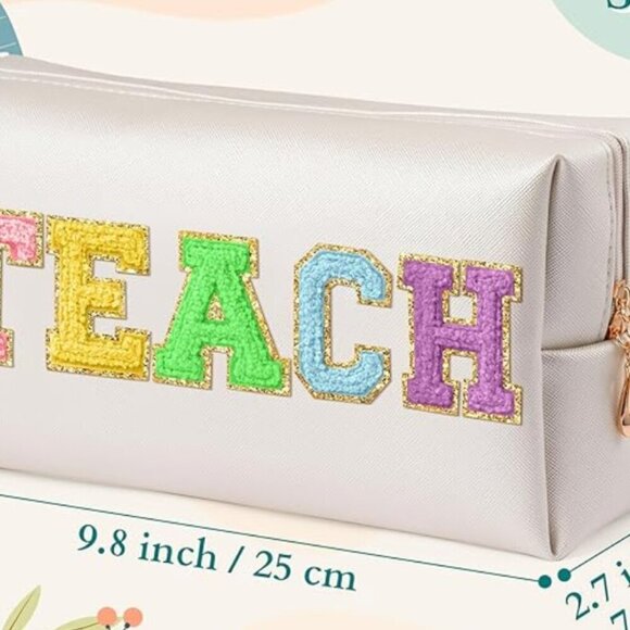 NEW TEACH Letter Makeup Bag Colorful TEACHER Chenille Letter Patch Cosmetic Bag - Picture 11 of 11